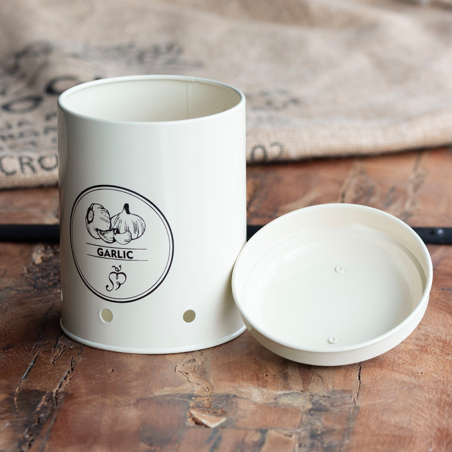 Cream Metal Garlic Storage Tin