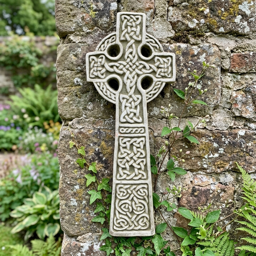 Hohes keltisches Kreuz-Wandschild aus Stein, 34 cm