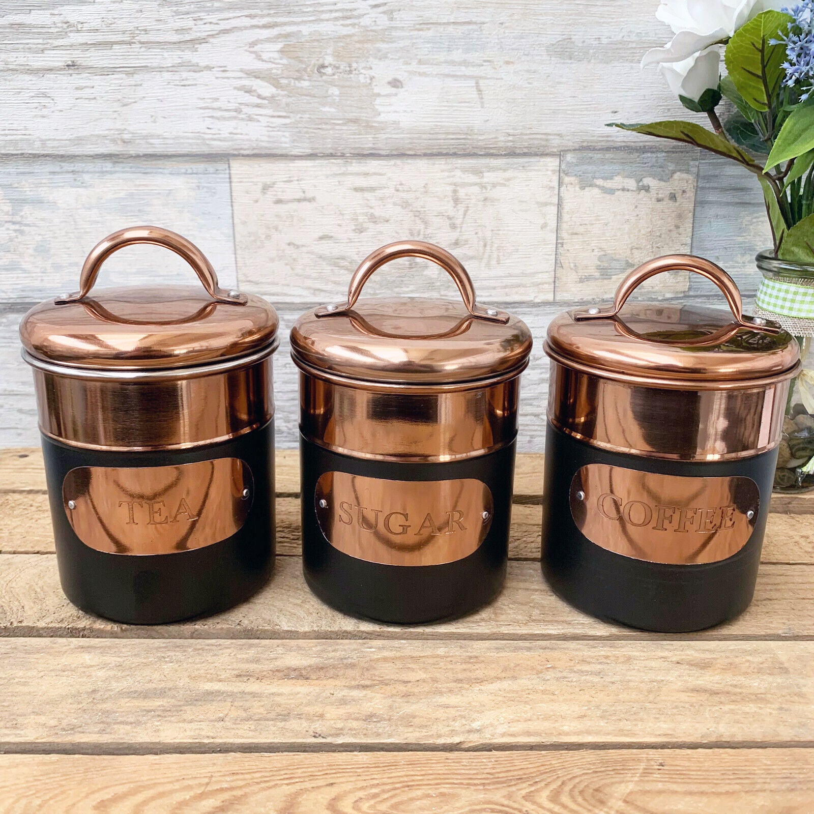 Black & Copper Tea Coffee Sugar Storage Canisters
