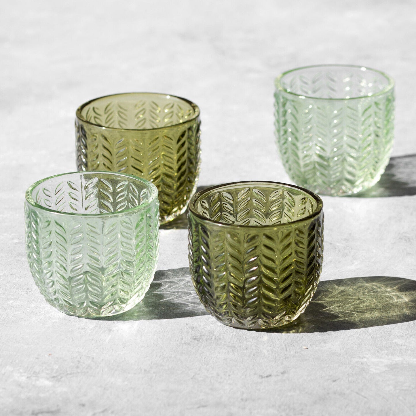 Set of 4 Floral Green Glass Tea Light Holders