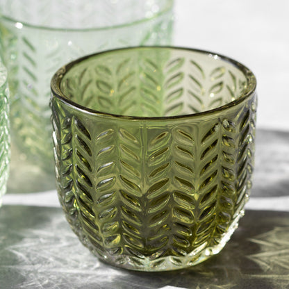 Set of 4 Floral Green Glass Tea Light Holders