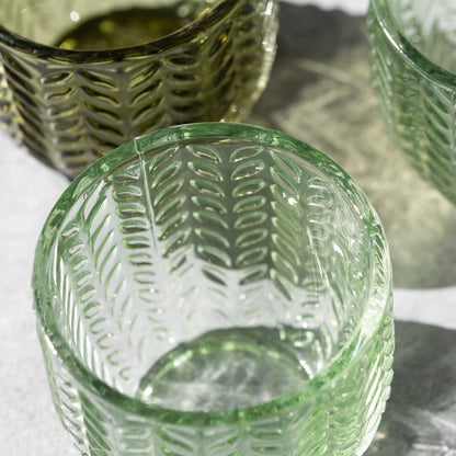 Set of 4 Floral Green Glass Tea Light Holders