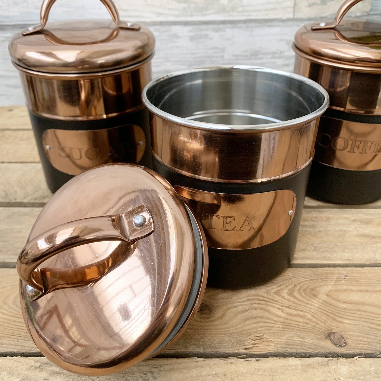 Black & Copper Tea Coffee Sugar Storage Canisters
