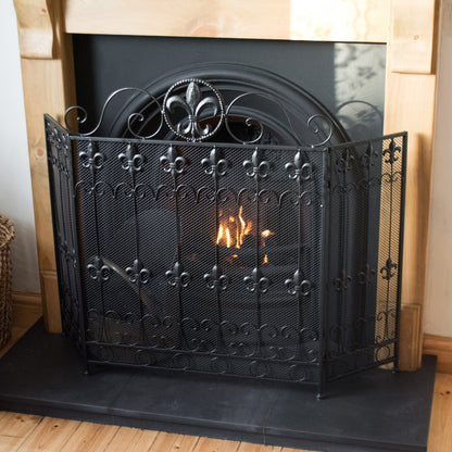 Black Cast Iron Fleur-De-Lis Fire Screen