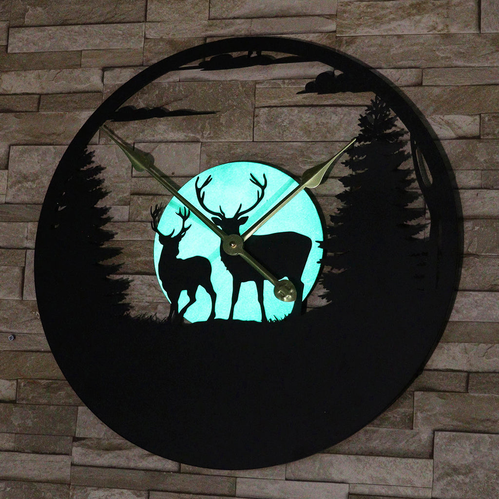 Forest Stags Silhouette Glowing Moon Garden Clock