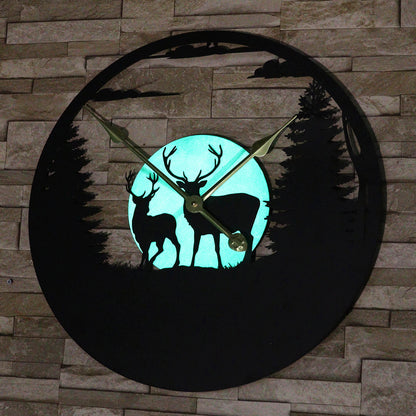 Forest Stags Silhouette Glowing Moon Garden Clock