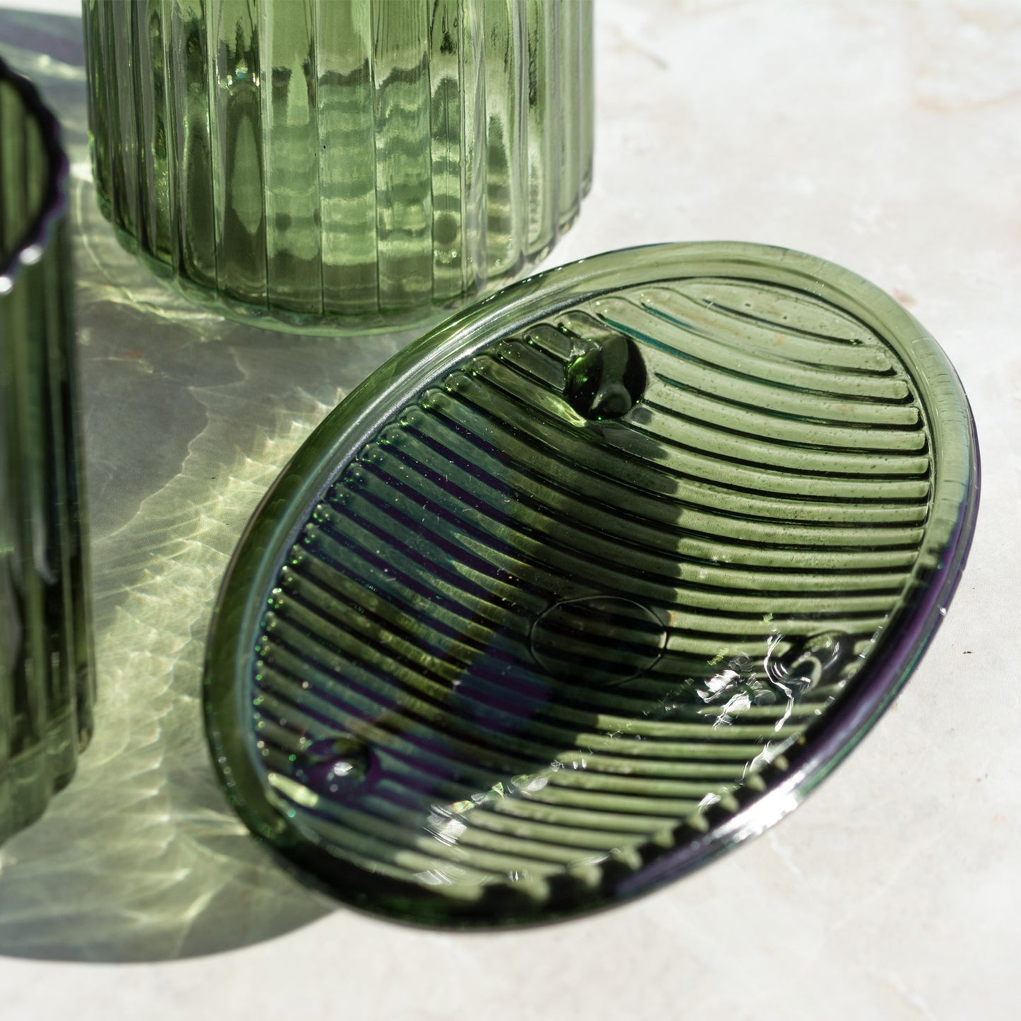 Green Ribbed Glass Set Of 3 Bathroom Accessories