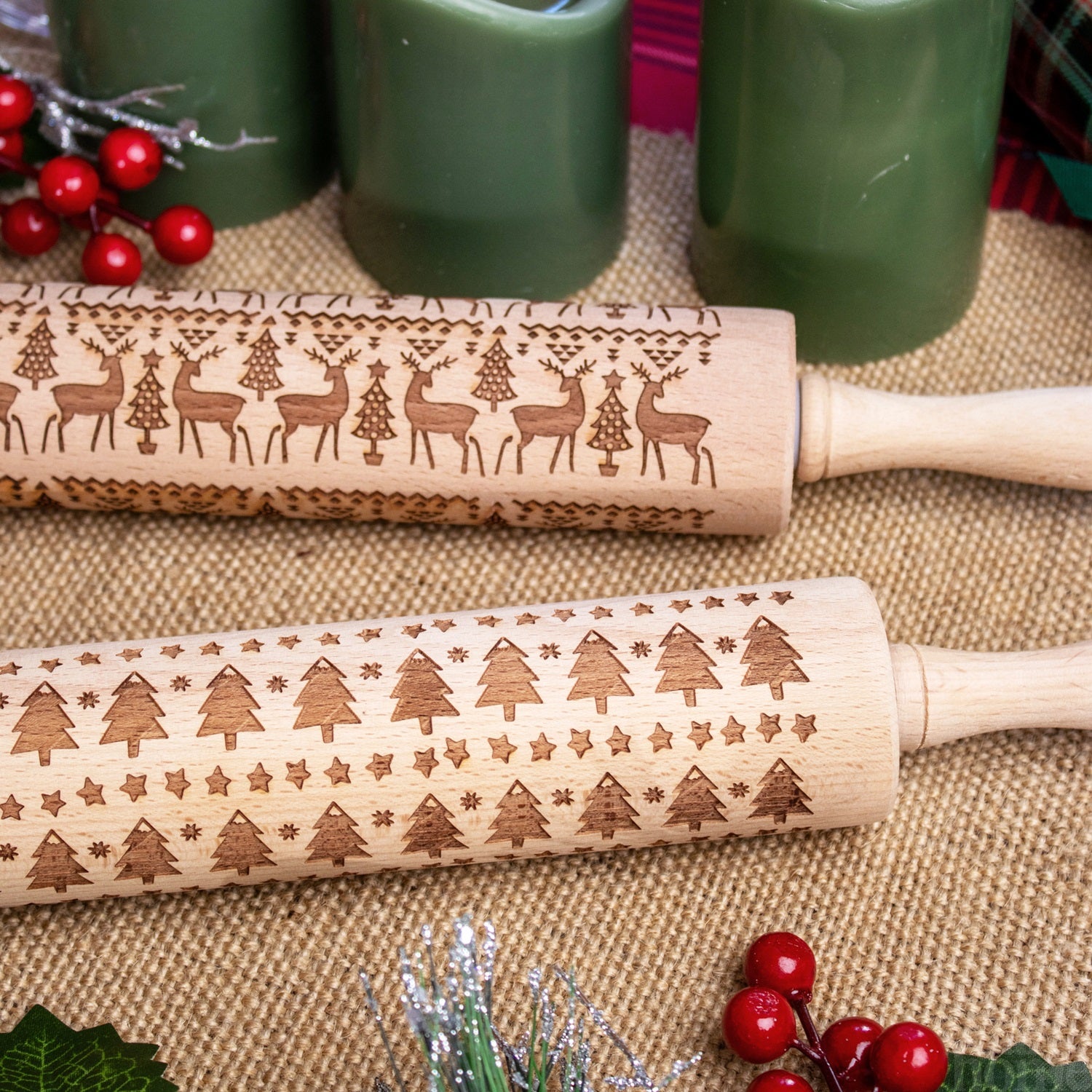Set Of 2 Embossing Christmas Rolling Pins