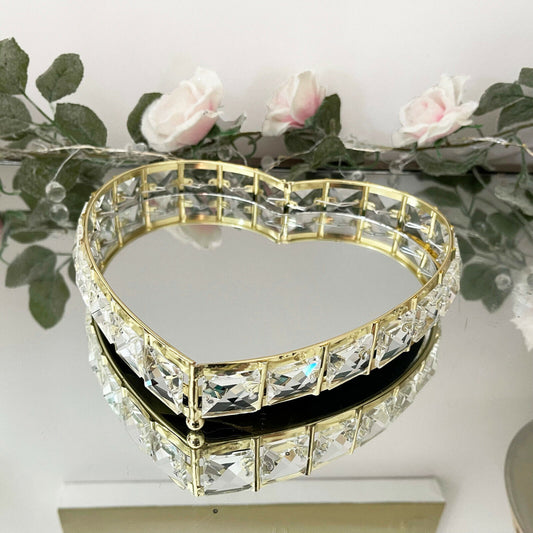 Gold Love Heart Glass Crystal Mirrored Candle Plate 21cm