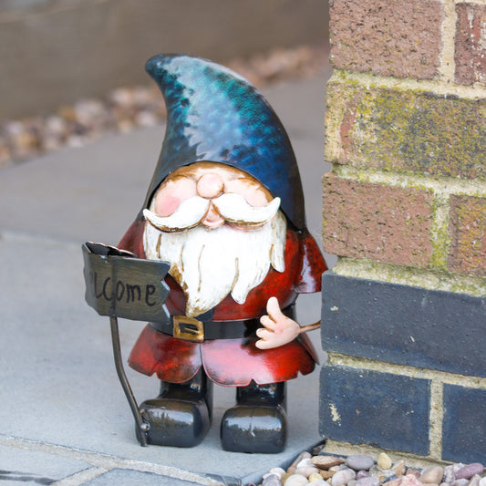 Metal Gnome With Welcome Sign