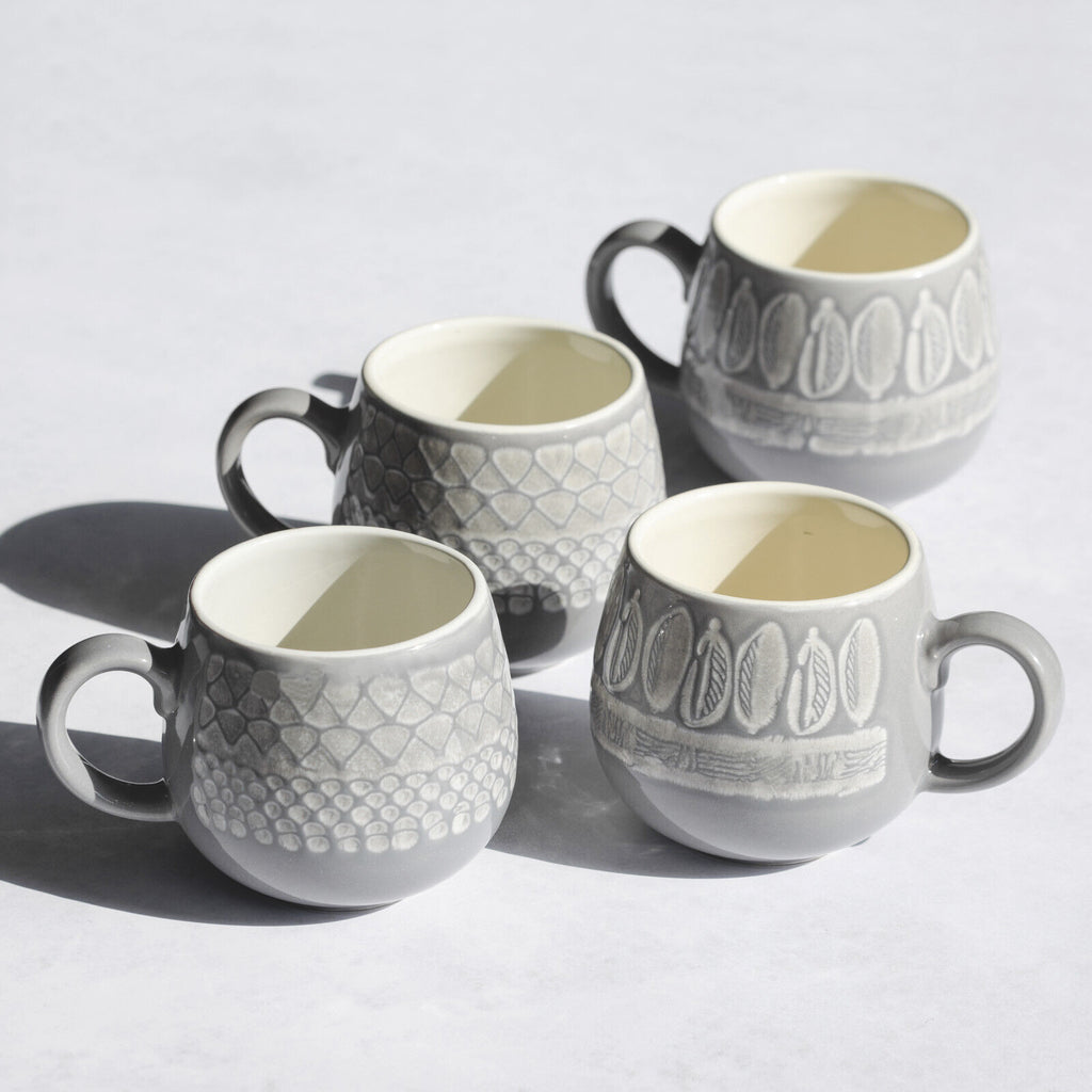 Set Of 4 Grey Embossed Patterned Mugs
