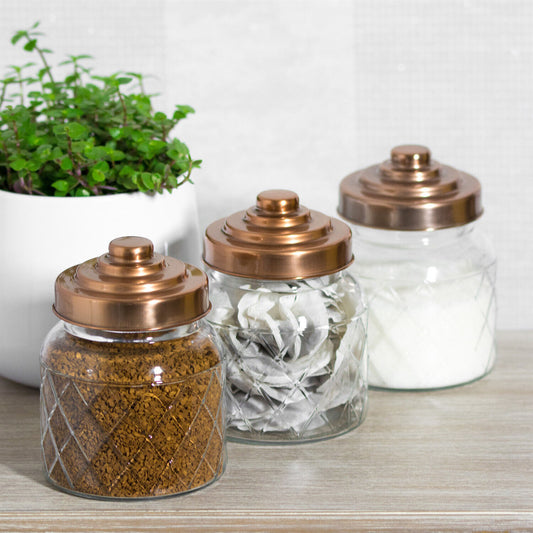 Set Of 3 Glass Storage Jars With Copper Lids