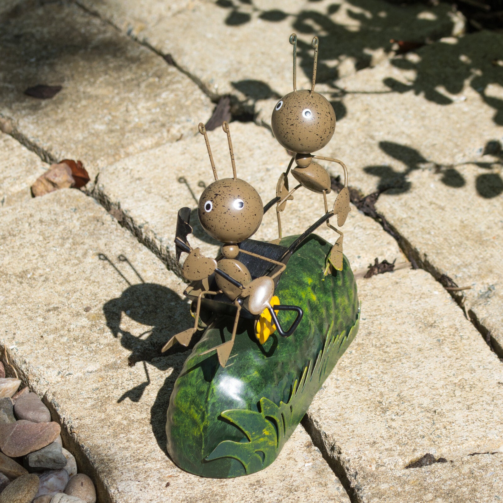 Metal Ants Pushing Wheelbarrow Sculpture