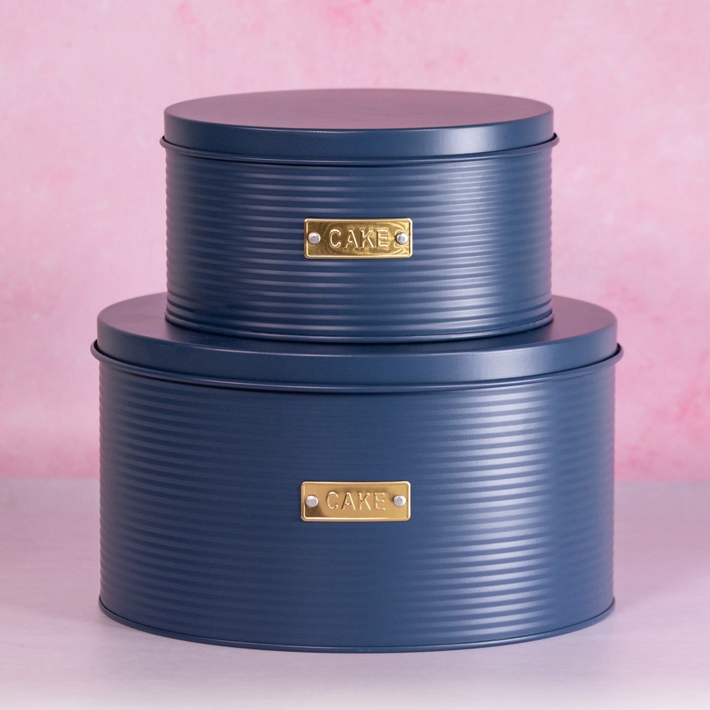 Set Of 2 Navy Blue Ribbed Nesting Cake Tins