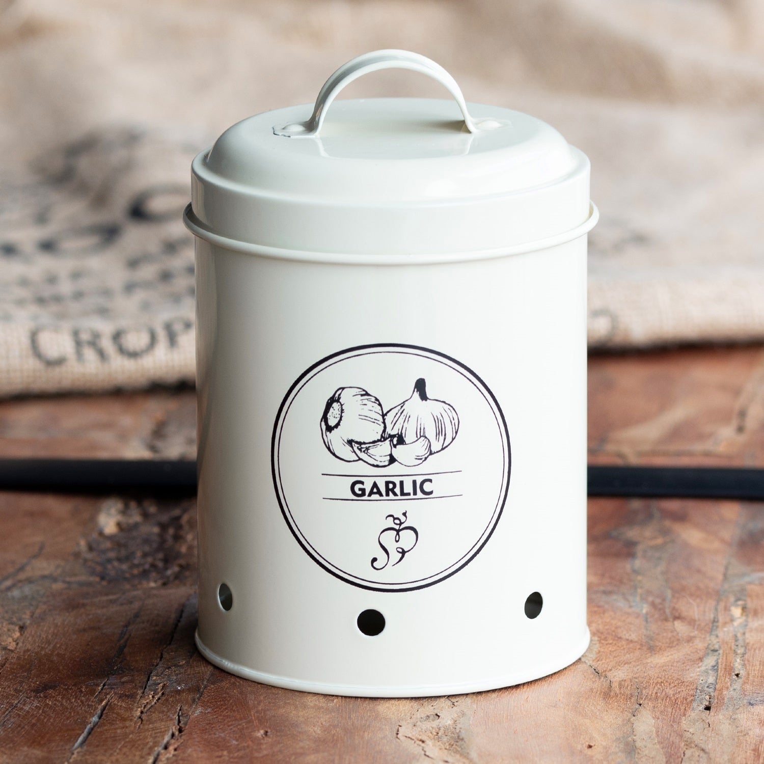 Cream Metal Garlic Storage Tin