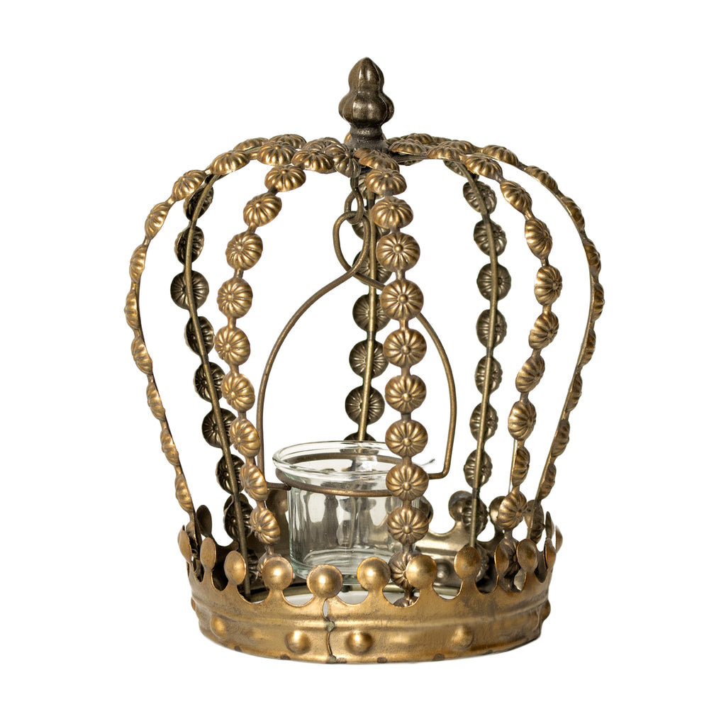 Teelichthalter mit Krone aus Golddraht und Metall, 23 cm