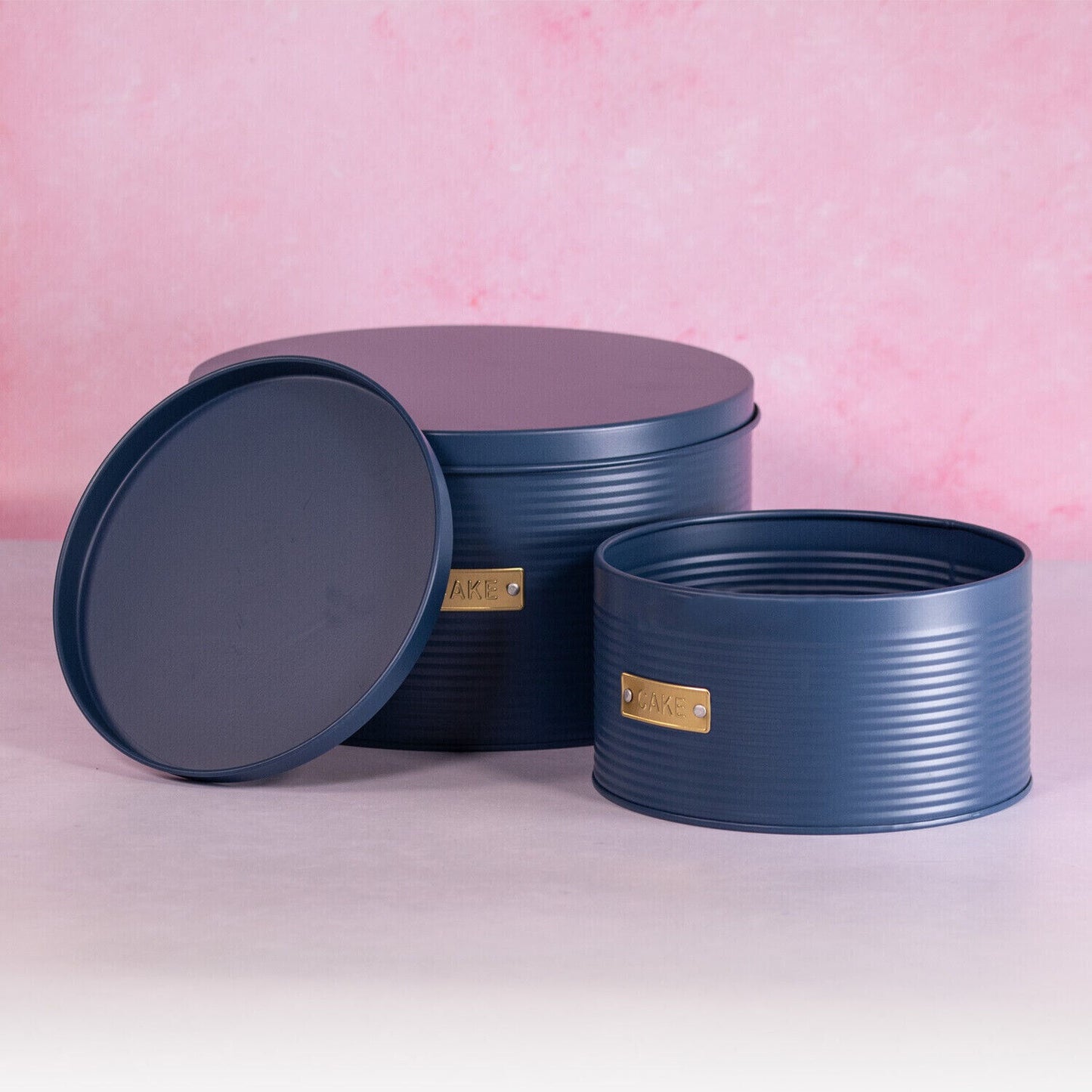 Set Of 2 Navy Blue Ribbed Nesting Cake Tins