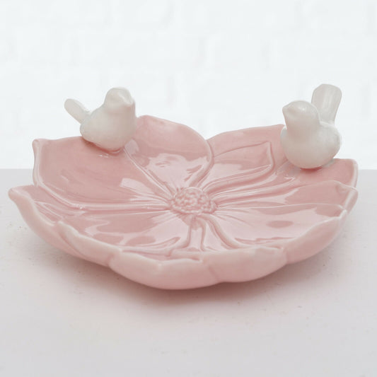 Ceramic Pink And White Bird Feeder