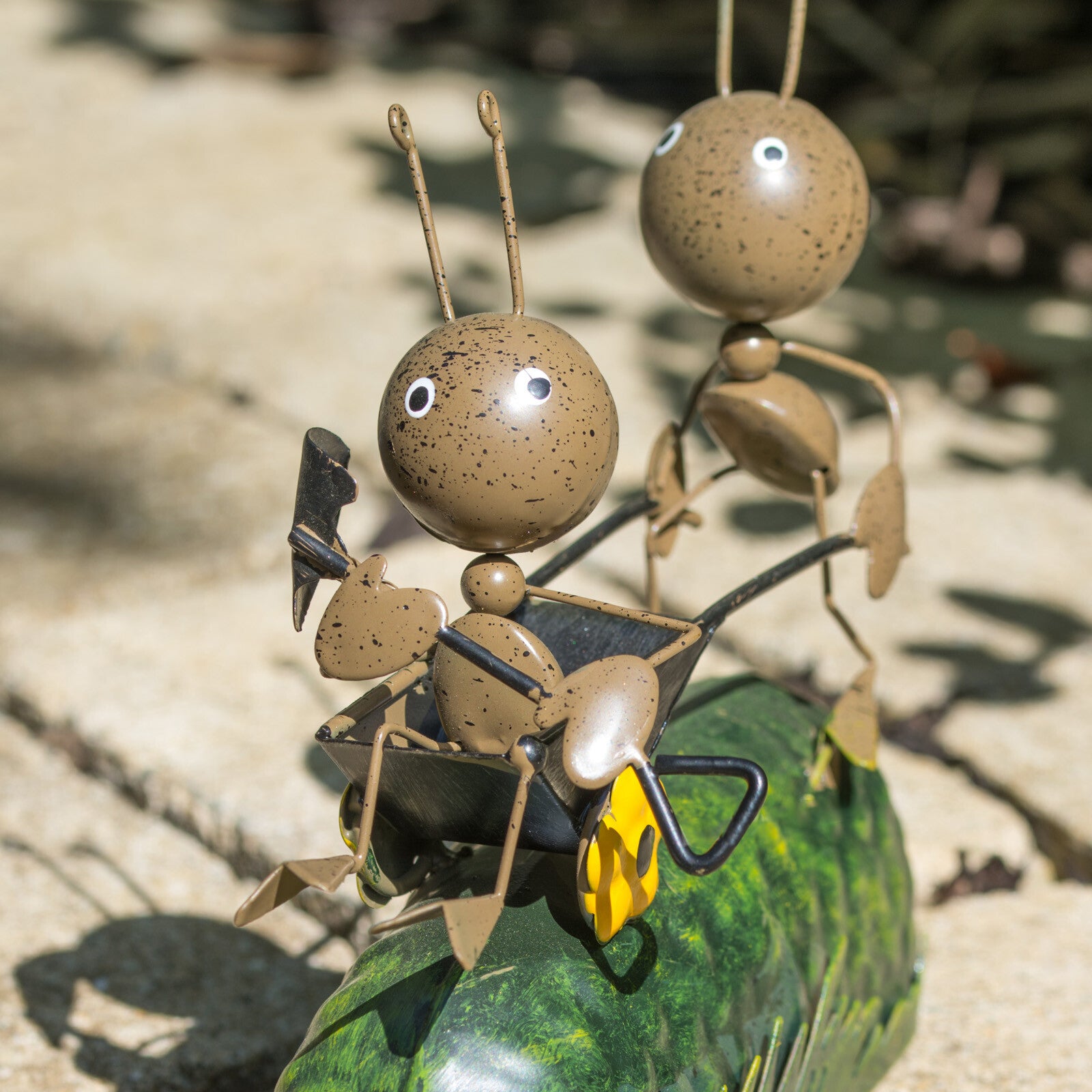 Metal Ants Pushing Wheelbarrow Sculpture