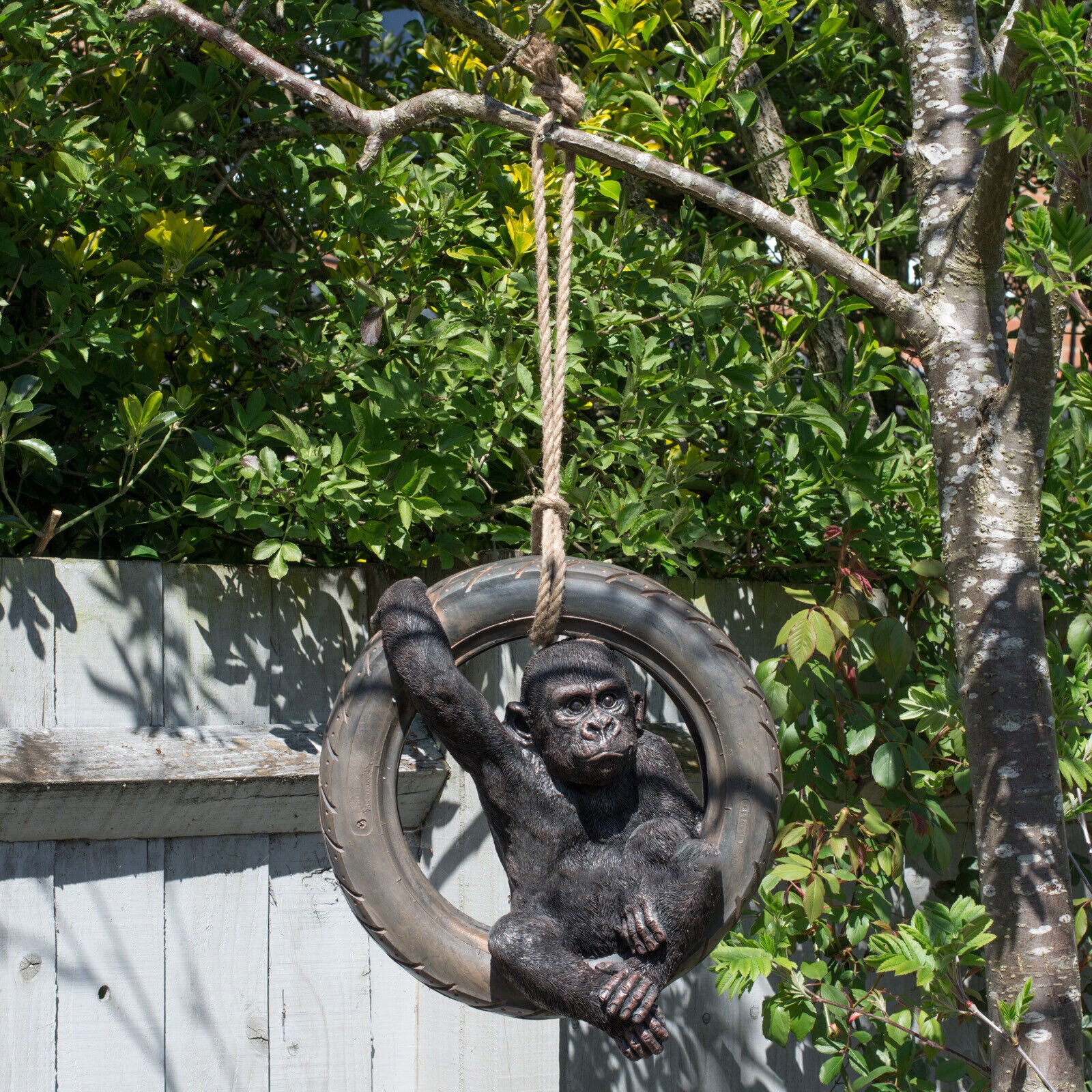 Hanging Gorilla on Tyre Swing Garden Sculpture