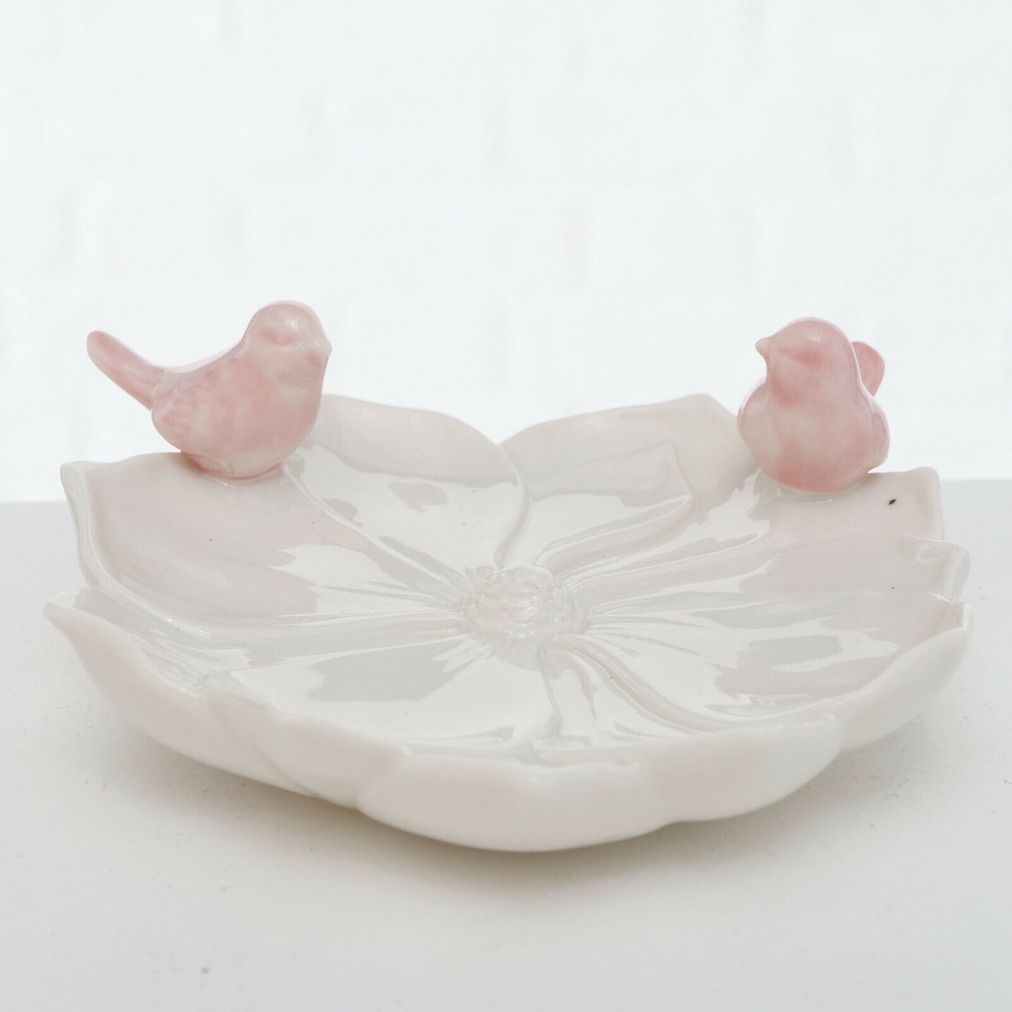 Ceramic White And Pink Bird Feeder