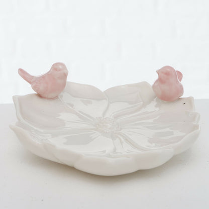 Ceramic White And Pink Bird Feeder