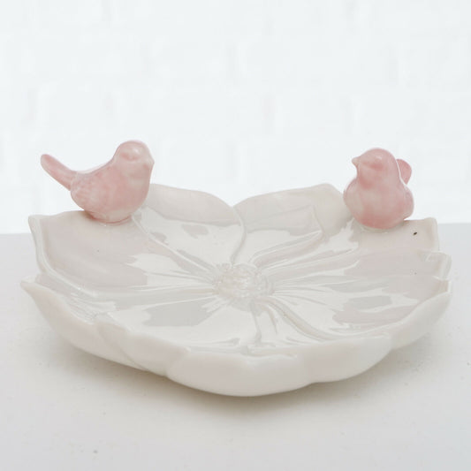 Ceramic White And Pink Bird Feeder