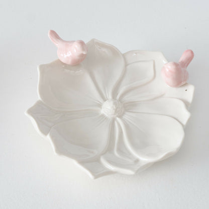 Ceramic White And Pink Bird Feeder