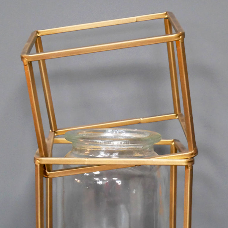 Antique Gold Square Geometric Metal & Glass Flower Vase