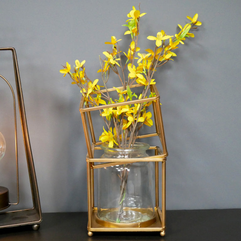Antique Gold Square Geometric Metal & Glass Flower Vase