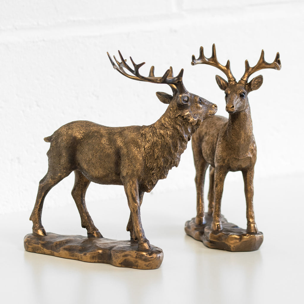 Set Of 2 Bronze Stag And Deer Ornaments
