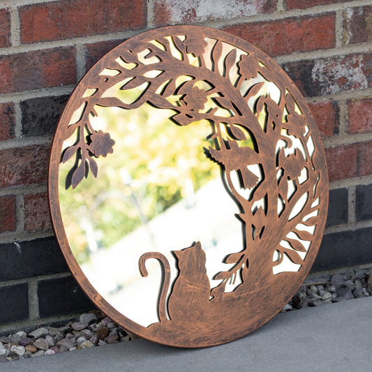 Bronze Metal Round Cat Silhouette Mirror