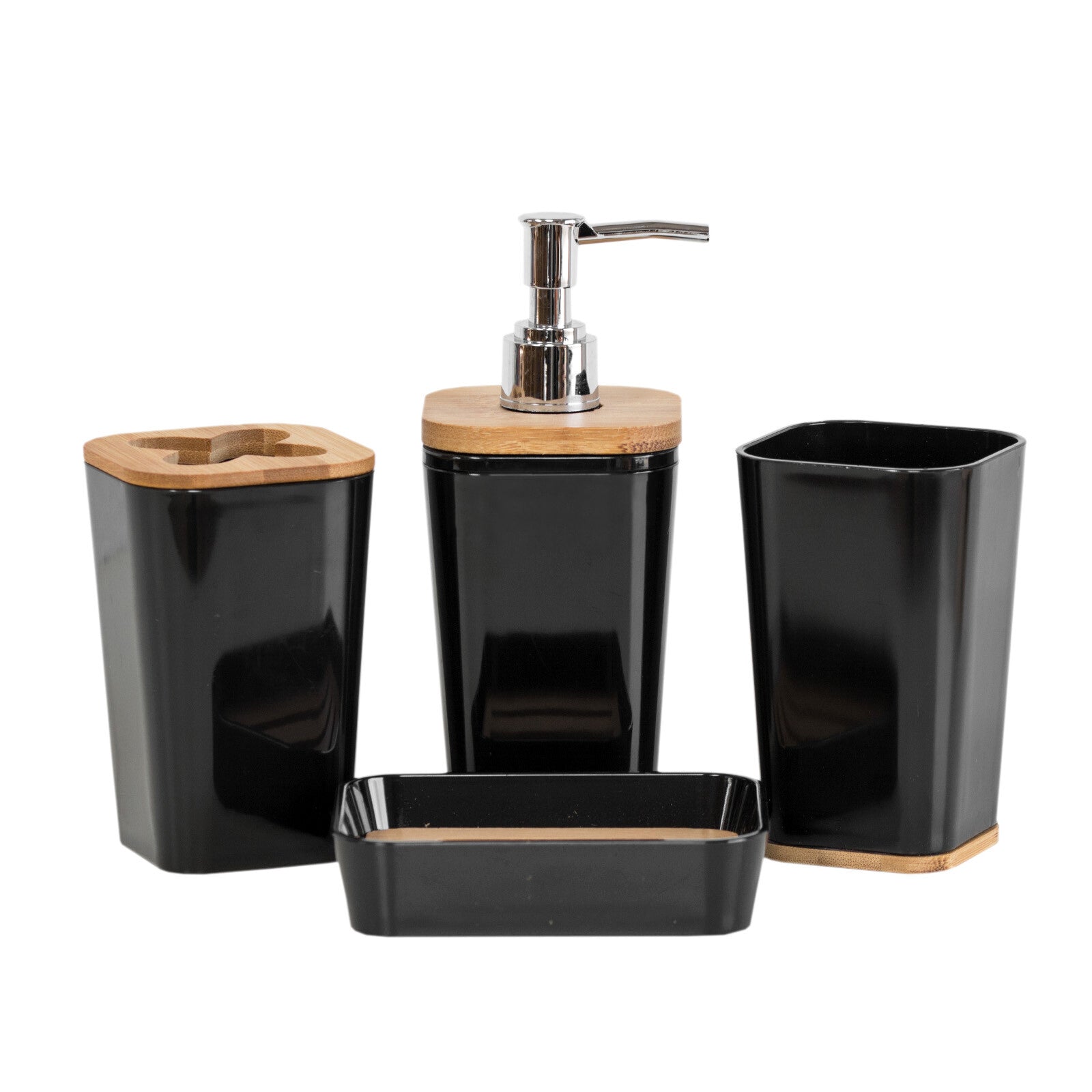 4 Piece Black Plastic / Bamboo Bathroom Accessories Set