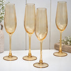 Set Of 4 Amber Ribbed Champagne Flute Glasses