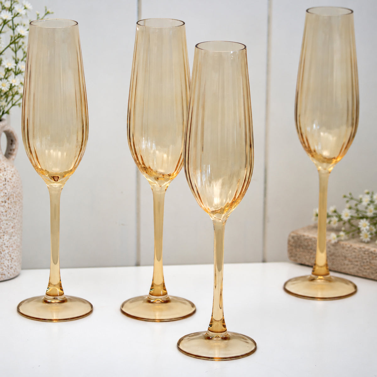 Set Of 4 Amber Ribbed Champagne Flute Glasses