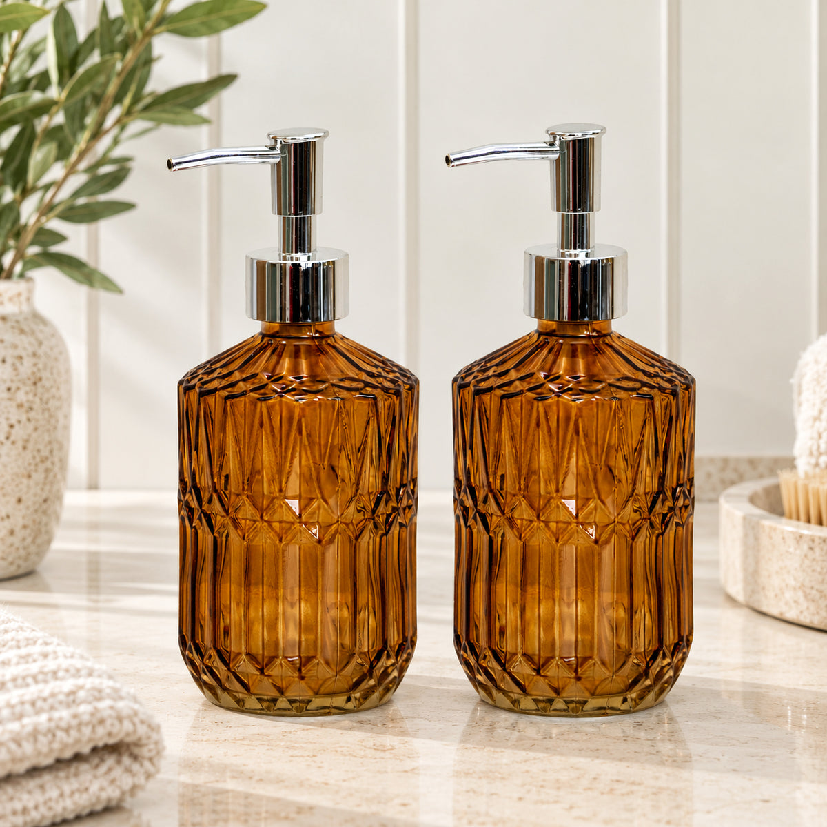 Set Of 2 Amber Brown Diamond Glass Soap Dispensers