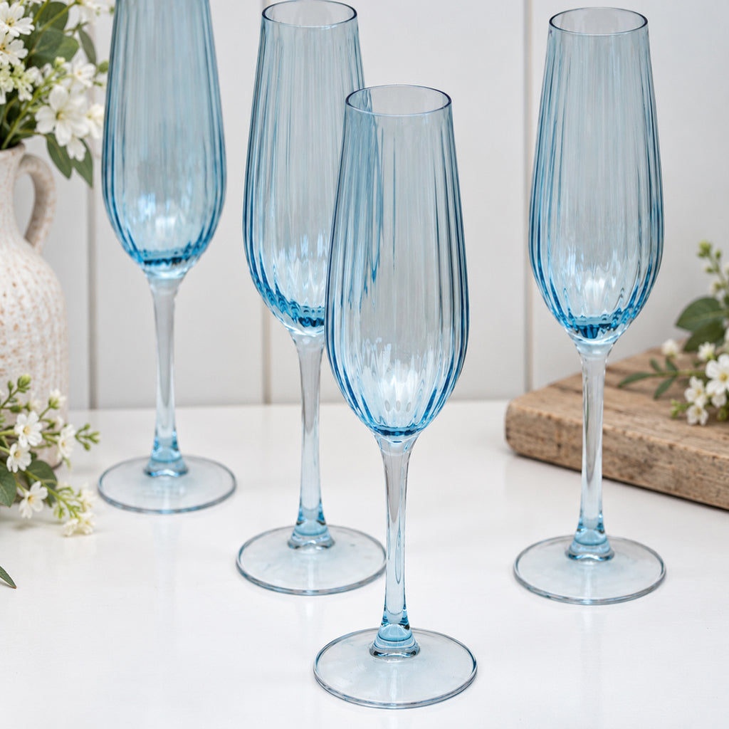 Set Of 4 Blue Ribbed Champagne Flute Glasses