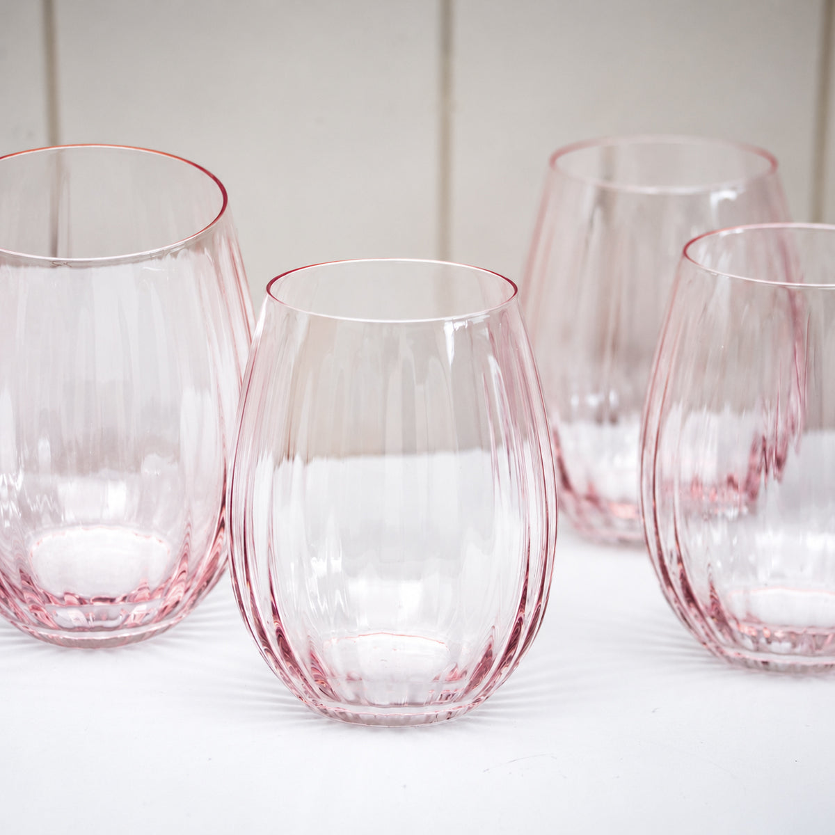 Set Of 4 Pink Ribbed Stemless Wine Glasses