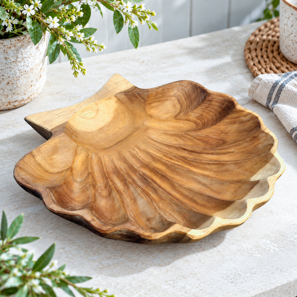 Teak Wood Scallop Shell Bowl