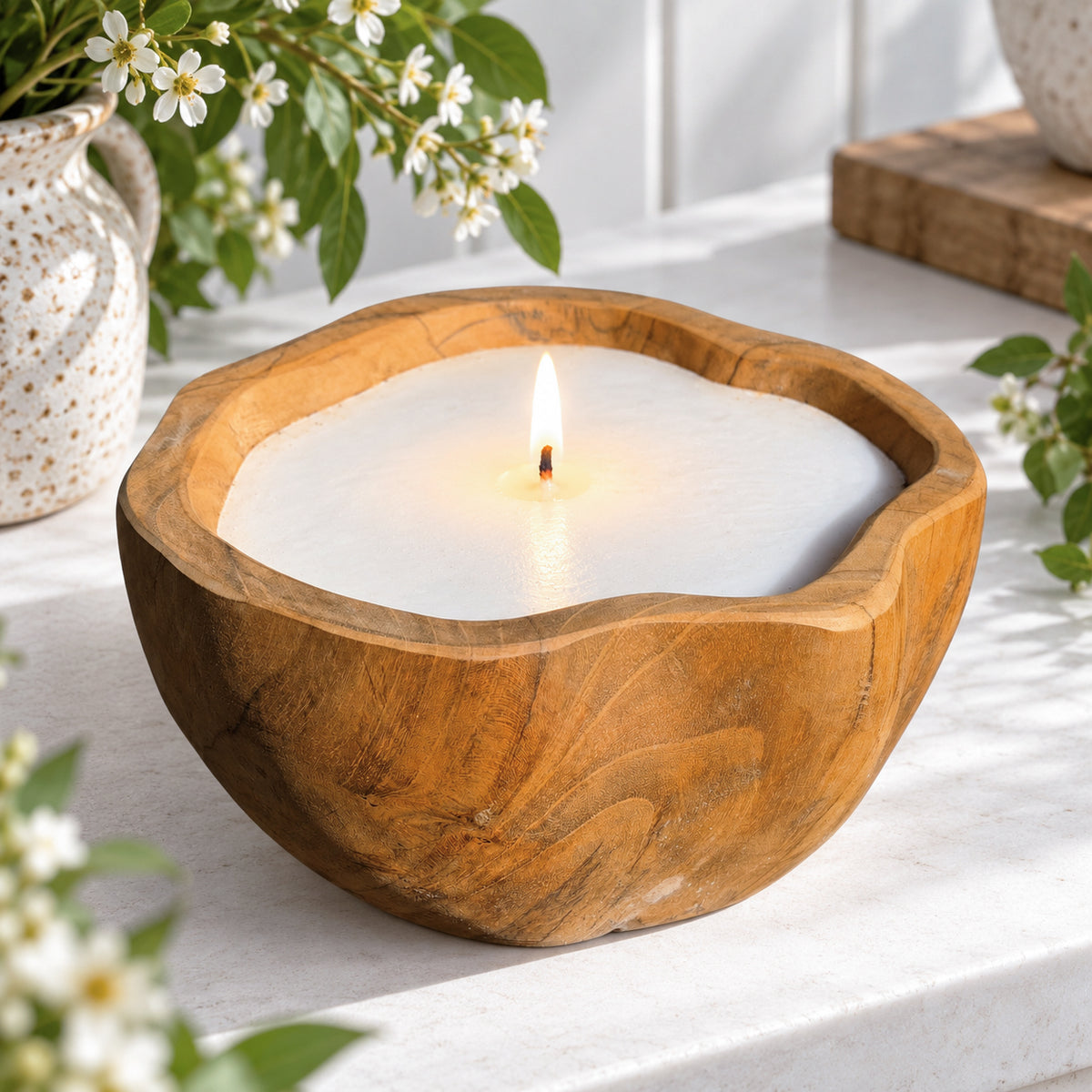 Teak Root Wooden Flower Shaped Candle Bowl