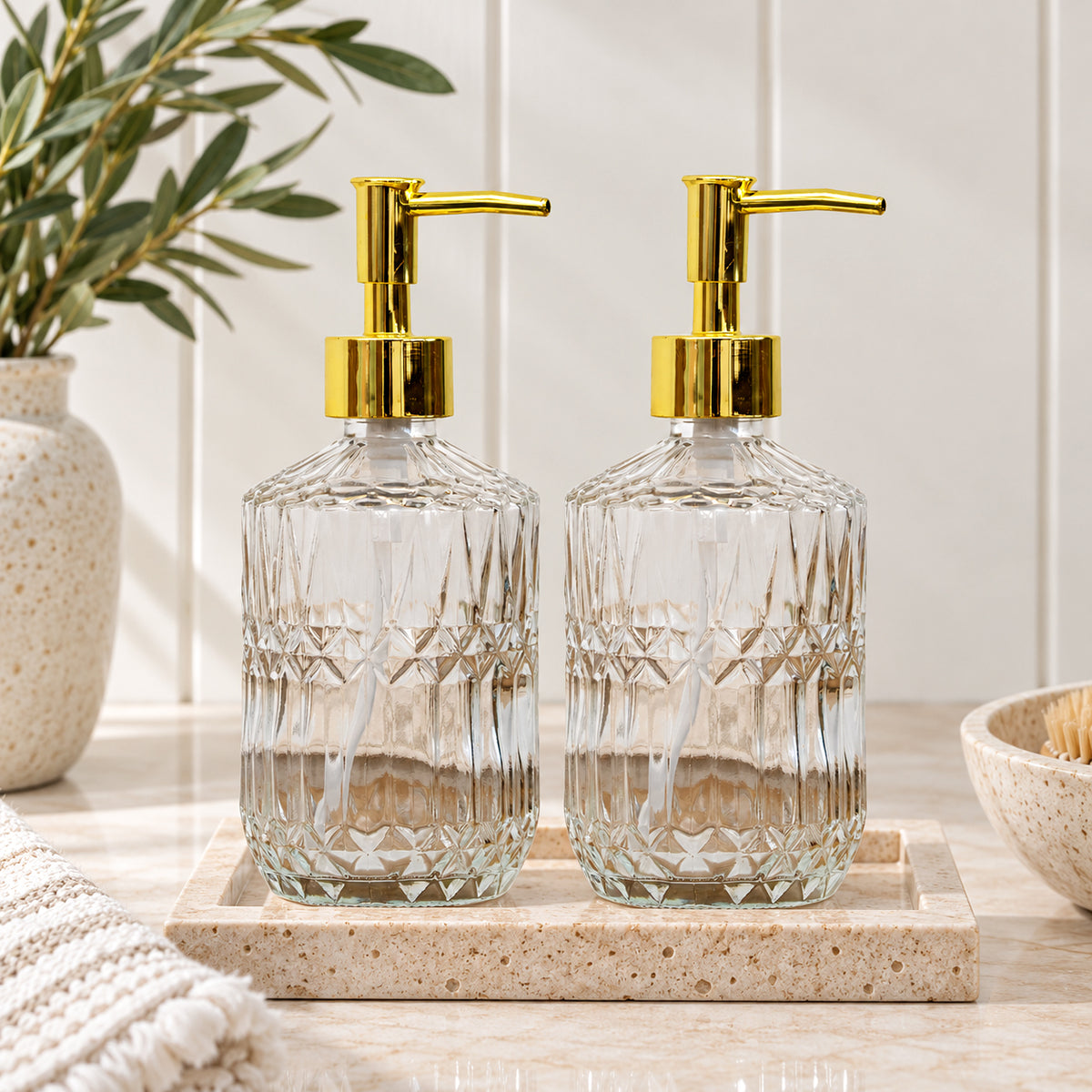 Set Of 2 Clear Diamond Glass Soap Dispensers