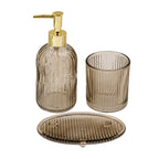 Set Of 3 Brown Ribbed Glass Bathroom Accessories