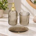 Set Of 3 Brown Ribbed Glass Bathroom Accessories