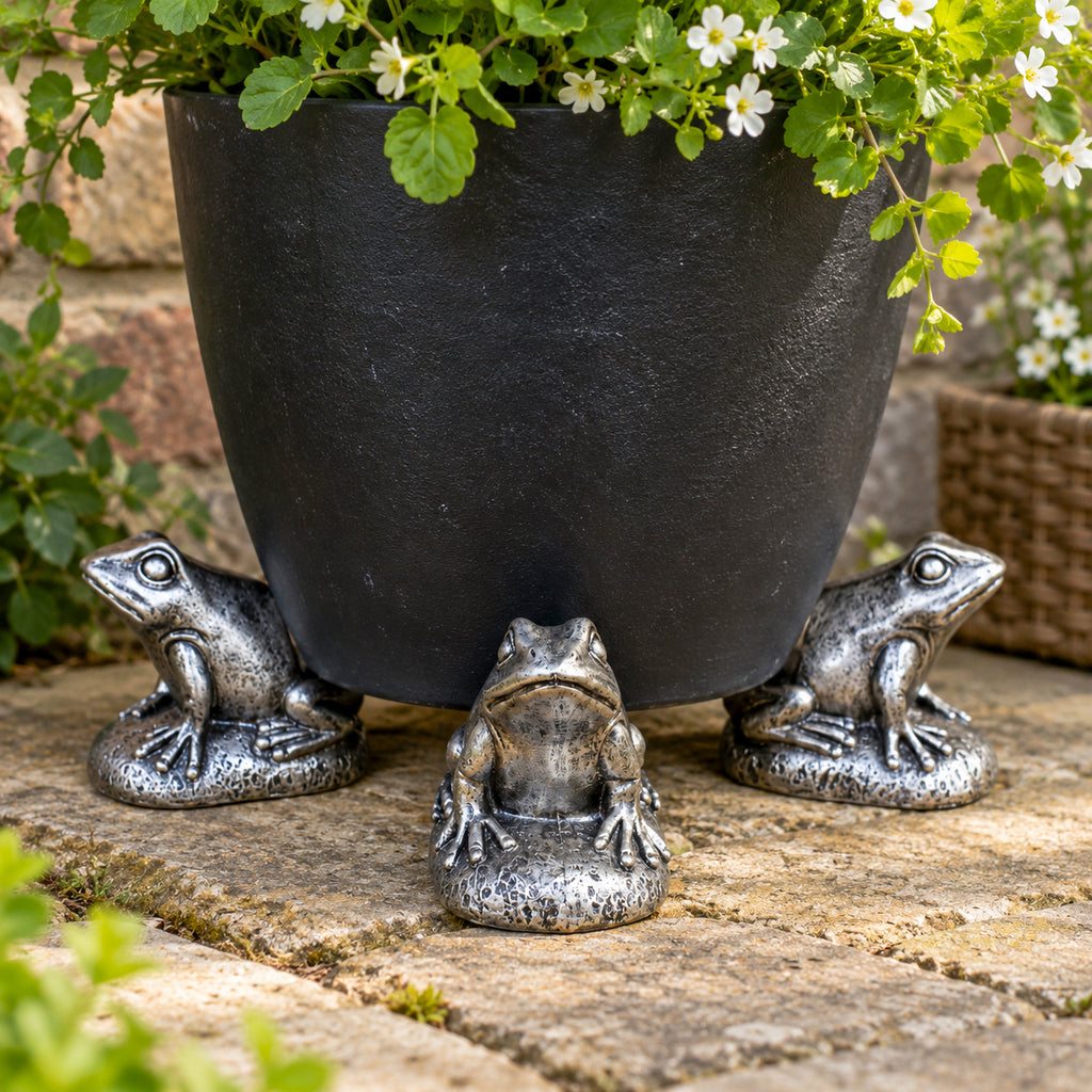 Set Of 3 Silver Frog Plant Pot Stands