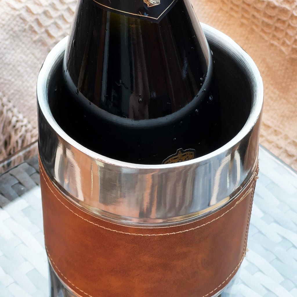 Stainless Steel Wine Cooler Faux Leather Detail