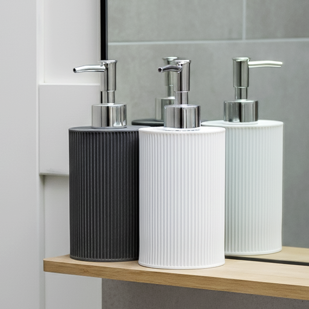 Set of 2 Grey & White Ribbed Soap Dispensers