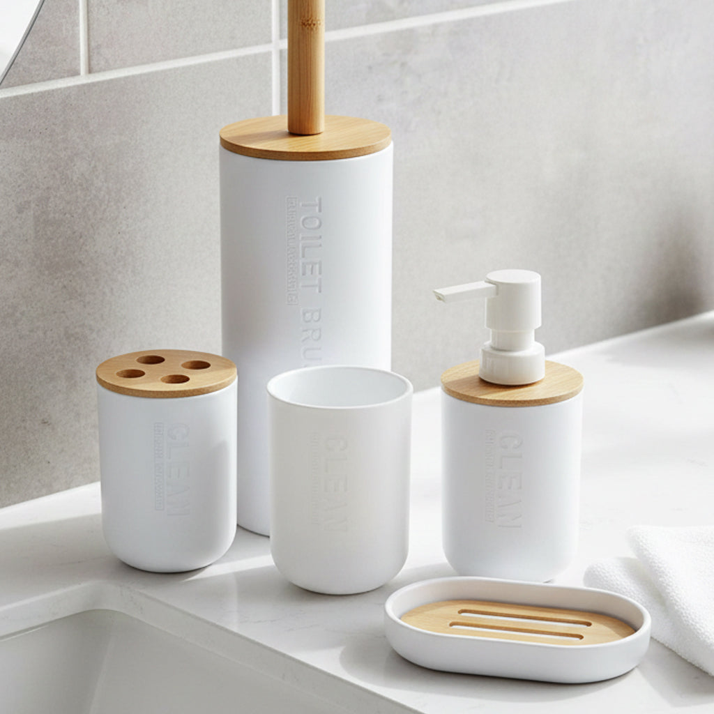 5 Piece White & Bamboo Bathroom Accessories Set