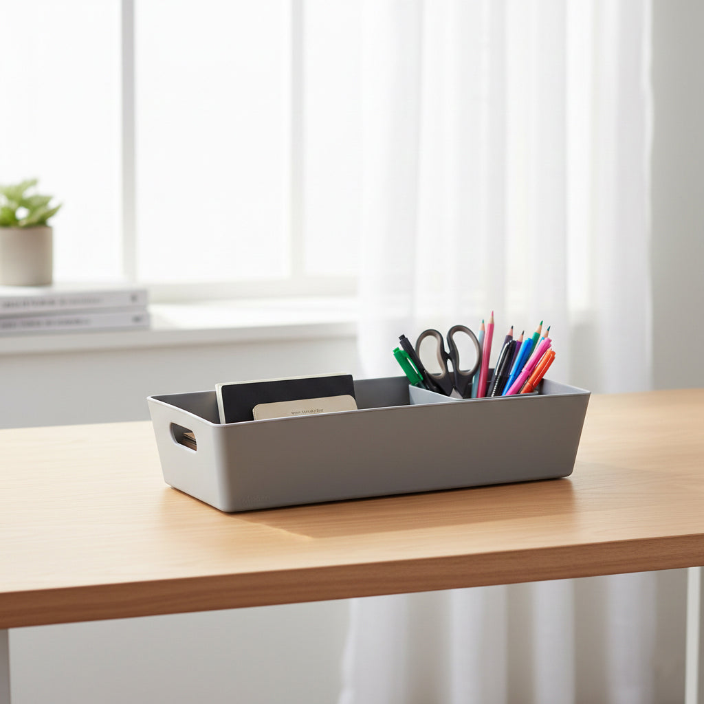 Set Of 4 Narrow Grey Plastic Storage Baskets