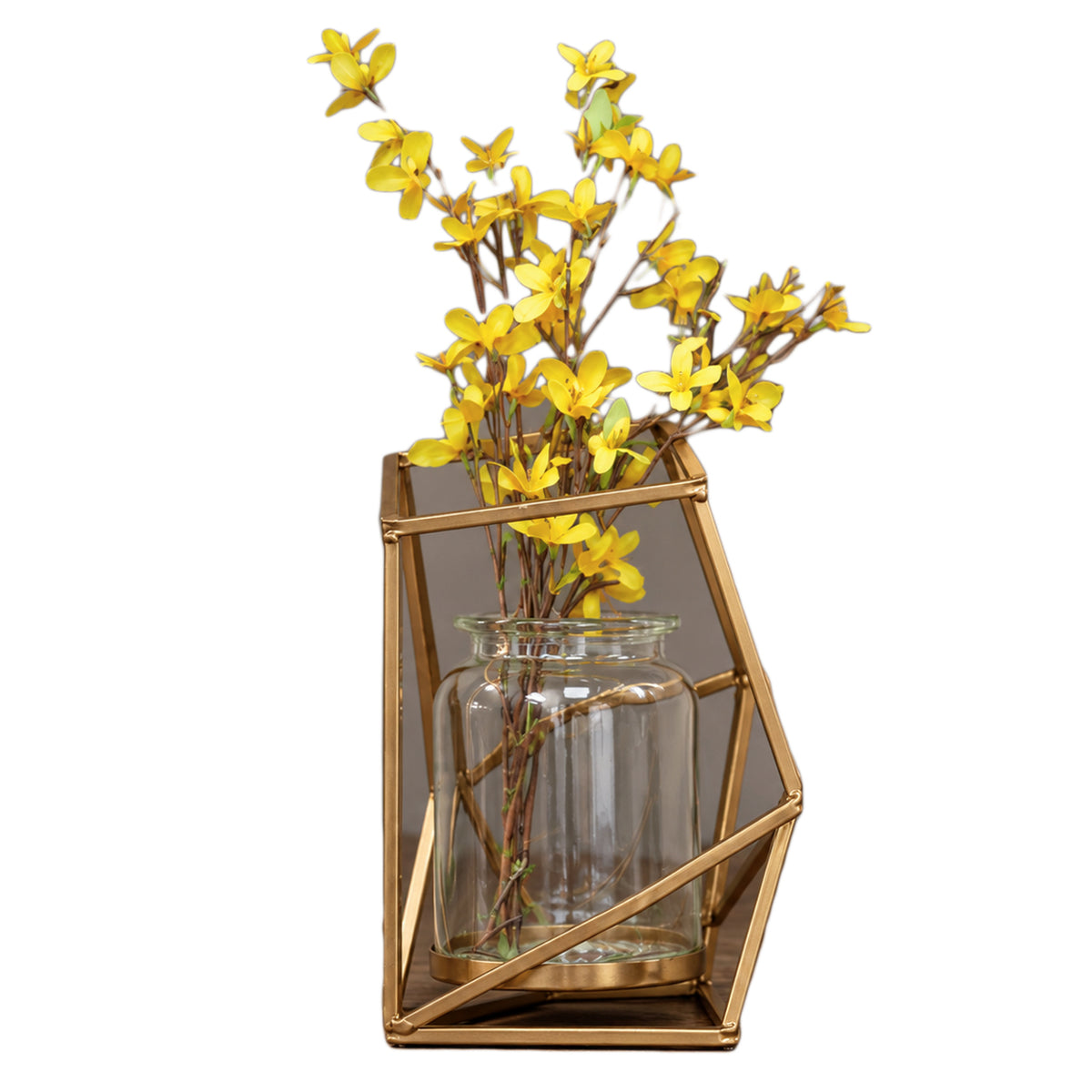 Antique Gold Geometric Metal & Glass Flower Vase