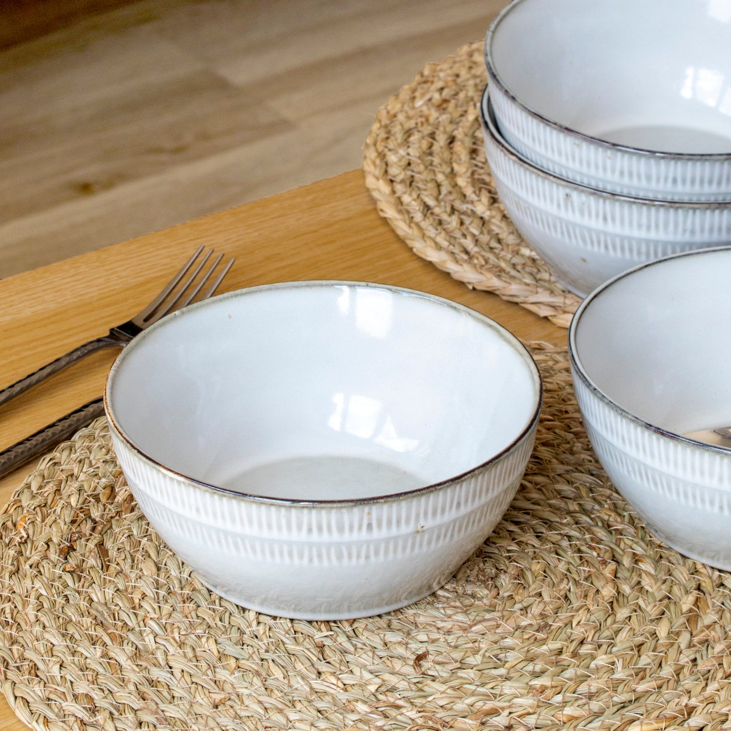 Set Of 4 Embossed Reactive Glaze Cereal Bowls